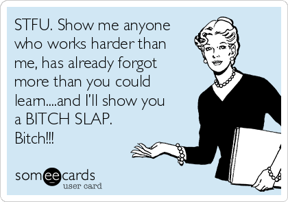 STFU. Show me anyone
who works harder than
me, has already forgot 
more than you could
learn....and I’ll show you
a BITCH SLAP.
Bitch!!!