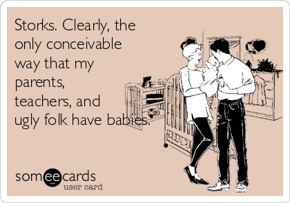 Storks. Clearly, the
only conceivable
way that my
parents, 
teachers, and
ugly folk have babies.