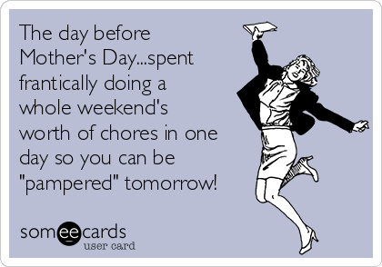 The day before
Mother's Day...spent 
frantically doing a
whole weekend's
worth of chores in one
day so you can be 
"pampered" tomorrow!