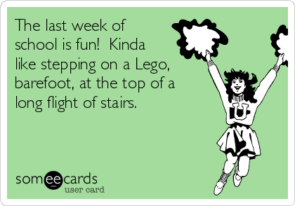 The last week of
school is fun!  Kinda
like stepping on a Lego,
barefoot, at the top of a
long flight of stairs. 