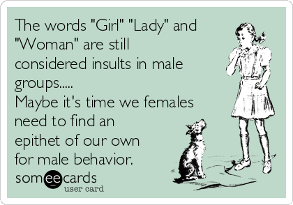 The words "Girl" "Lady" and
"Woman" are still
considered insults in male
groups.....
Maybe it's time we females
need to find an
epithet of our own
for male behavior.