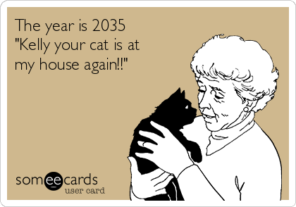 The year is 2035 
"Kelly your cat is at
my house again!!"
