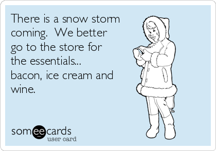 There is a snow storm 
coming.  We better
go to the store for
the essentials...
bacon, ice cream and
wine.