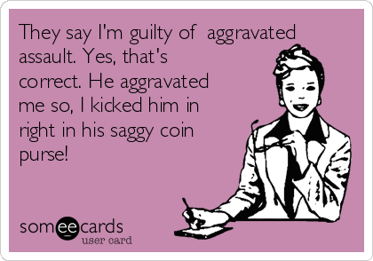 They say I'm guilty of  aggravated
assault. Yes, that's
correct. He aggravated
me so, I kicked him in
right in his saggy coin
purse!