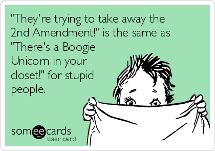 "They're trying to take away the
2nd Amendment!" is the same as
"There's a Boogie
Unicorn in your
closet!" for stupid
people.