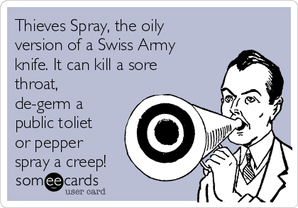 Thieves Spray, the oily
version of a Swiss Army
knife. It can kill a sore
throat,
de-germ a
public toliet
or pepper
spray a creep!