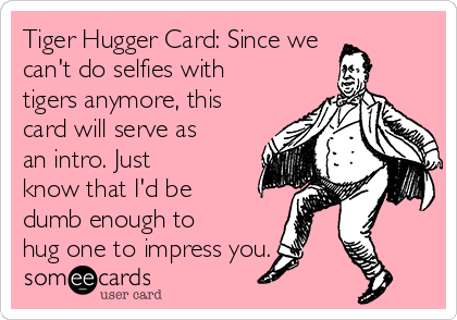 Tiger Hugger Card: Since we
can't do selfies with
tigers anymore, this
card will serve as
an intro. Just
know that I'd be
dumb enough to
hug one to impress you.