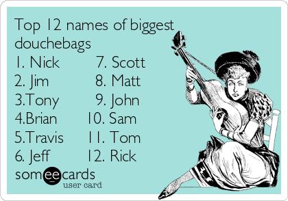 Top 12 names of biggest
douchebags
1. Nick        7. Scott  
2. Jim          8. Matt
3.Tony        9. John
4.Brian      10. Sam
5.Travis     11. Tom
6. Jeff        12. Rick