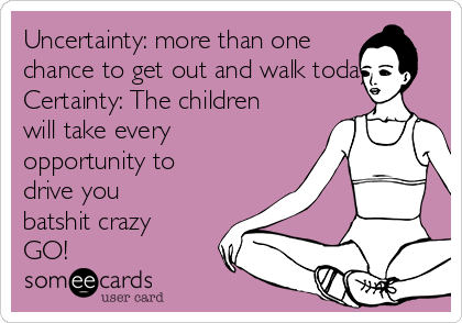 Uncertainty: more than one
chance to get out and walk today
Certainty: The children
will take every
opportunity to
drive you
batshit crazy
GO!