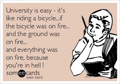 University is easy - it's
like riding a bicycle...if
the bicycle was on fire...
and the ground was
on fire...
and everything was
on fire, because
you're in hell !