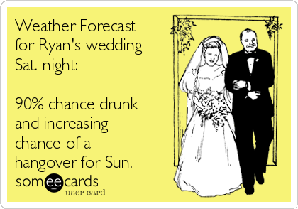 Weather Forecast
for Ryan's wedding
Sat. night: 

90% chance drunk
and increasing
chance of a
hangover for Sun. 