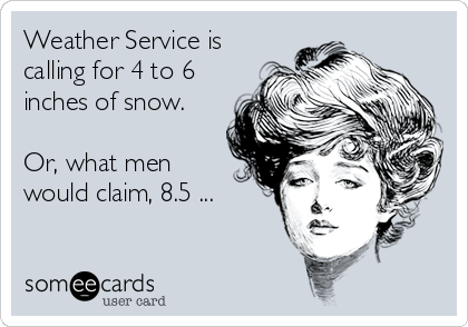 Weather Service is
calling for 4 to 6
inches of snow.
 
Or, what men
would claim, 8.5 ...