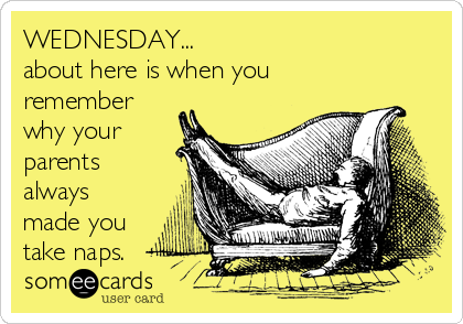 WEDNESDAY...
about here is when you
remember
why your
parents
always
made you
take naps.