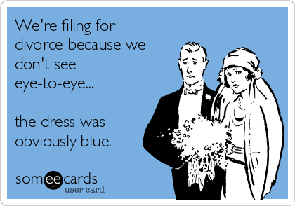 We're filing for
divorce because we 
don't see
eye-to-eye...

the dress was
obviously blue.