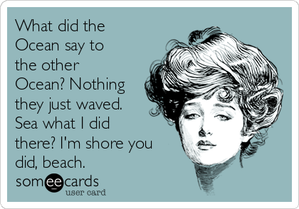 What did the
Ocean say to
the other
Ocean? Nothing
they just waved.
Sea what I did
there? I'm shore you
did, beach.
