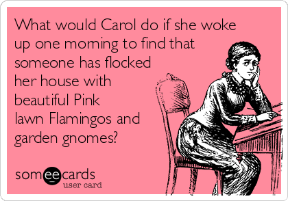What would Carol do if she woke
up one morning to find that
someone has flocked
her house with
beautiful Pink
lawn Flamingos and
garden gnomes?