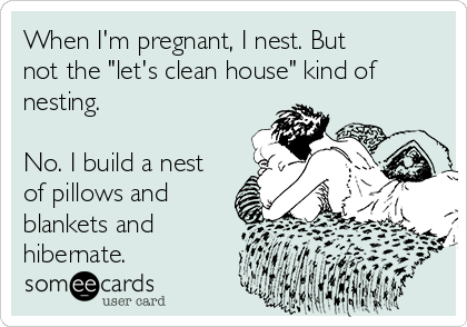 When I'm pregnant, I nest. But
not the "let's clean house" kind of
nesting. 

No. I build a nest
of pillows and
blankets and
hibernate.