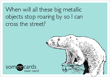 When will all these big metallic
objects stop roaring by so I can
cross the street?
