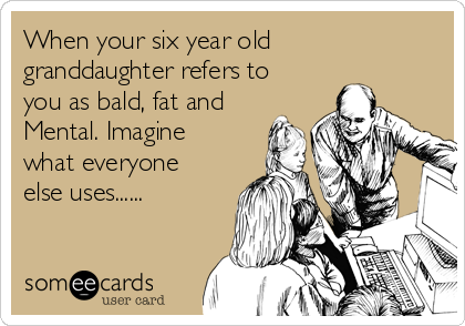 When your six year old
granddaughter refers to
you as bald, fat and
Mental. Imagine
what everyone
else uses...... 