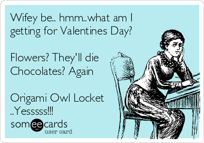 Wifey be.. hmm..what am I
getting for Valentines Day?

Flowers? They'll die
Chocolates? Again 

Origami Owl Locket
..Yesssss!!!