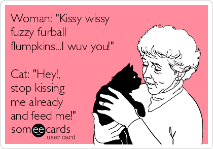 Woman: "Kissy wissy
fuzzy furball
flumpkins...I wuv you!"

Cat: "Hey!,
stop kissing
me already
and feed me!"