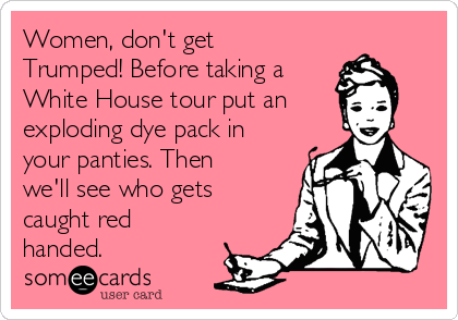 Women, don't get
Trumped! Before taking a
White House tour put an
exploding dye pack in
your panties. Then
we'll see who gets
caught red
handed.