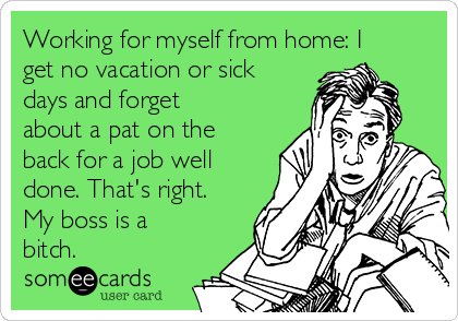 Working for myself from home: I
get no vacation or sick
days and forget
about a pat on the
back for a job well
done. That's right.
My boss is a
bitch.