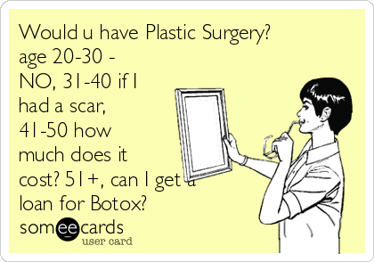 Would u have Plastic Surgery?
age 20-30 -
NO, 31-40 if I
had a scar,
41-50 how
much does it
cost? 51+, can I get a
loan for Botox?