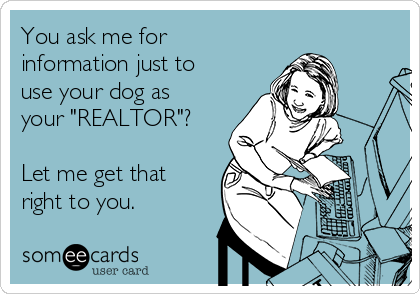 You ask me for
information just to
use your dog as
your "REALTOR"?

Let me get that
right to you.