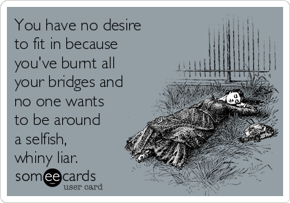 You have no desire
to fit in because 
you've burnt all
your bridges and
no one wants
to be around
a selfish,
whiny liar.