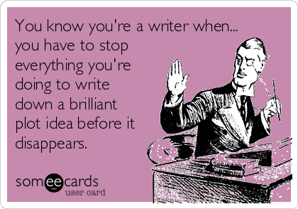 You know you're a writer when... 
you have to stop
everything you're
doing to write
down a brilliant
plot idea before it
disappears.