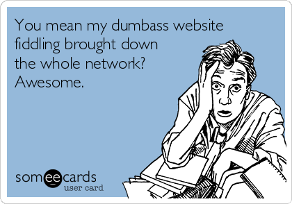 You mean my dumbass website
fiddling brought down
the whole network?
Awesome.