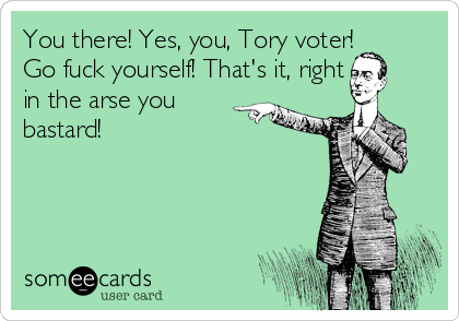 You there! Yes, you, Tory voter!
Go fuck yourself! That's it, right 
in the arse you 
bastard!