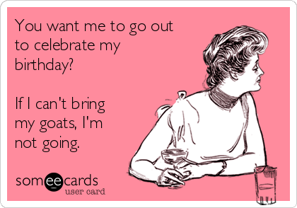 You want me to go out
to celebrate my
birthday? 

If I can't bring
my goats, I'm
not going.
