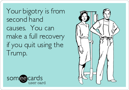 Your bigotry is from
second hand
causes.  You can
make a full recovery
if you quit using the 
Trump. 