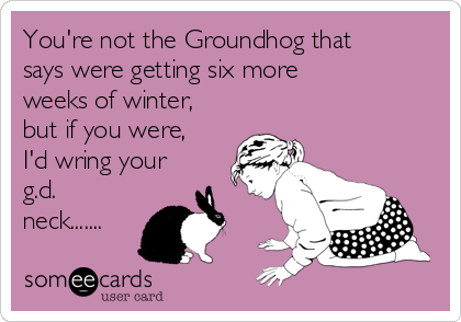 You're not the Groundhog that
says were getting six more
weeks of winter,
but if you were,
I'd wring your
g.d.
neck.......
